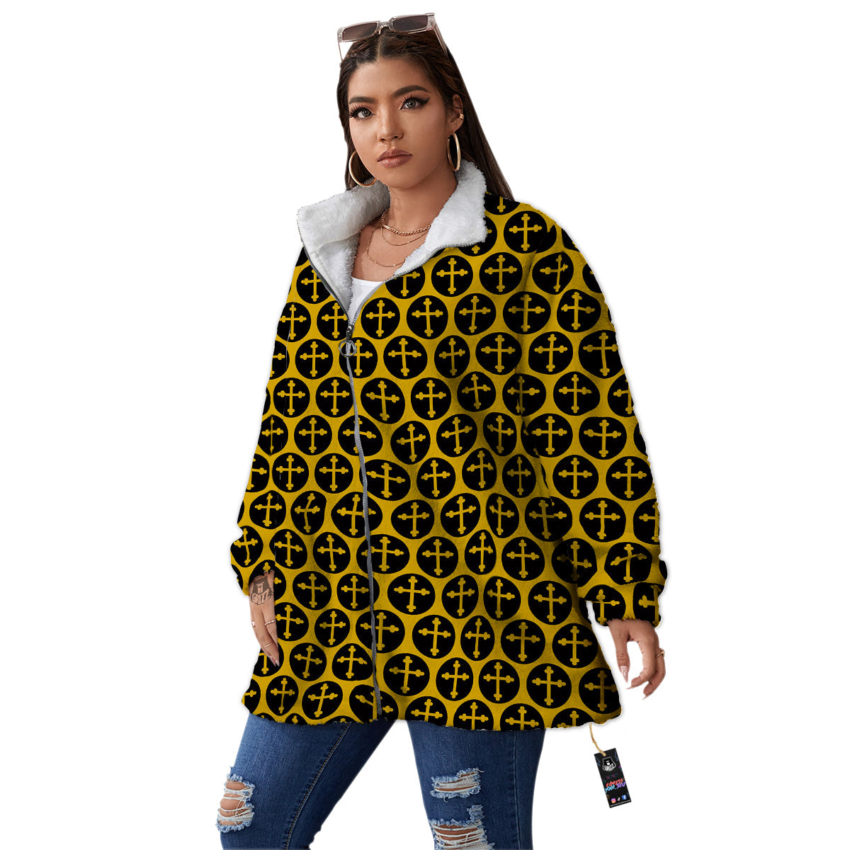 Orthodox Gold And Black Print Pattern Women's Sherpa Jacket-grizzshop