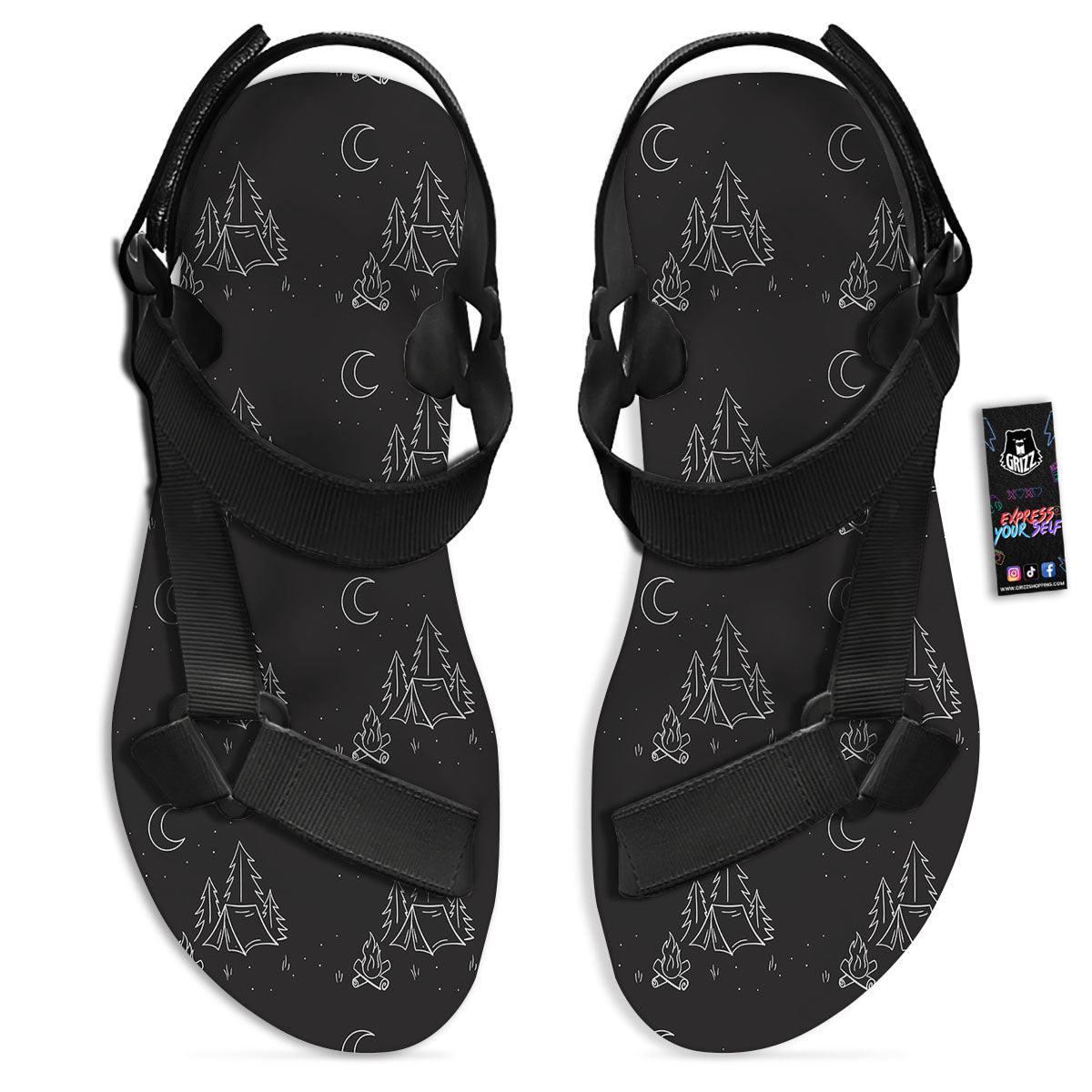 Outdoor Camping Print Pattern Black Open Toe Sandals-grizzshop