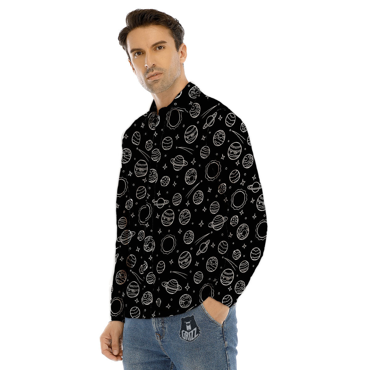 Outer Space Black White Galaxy Print Men's Dress Shirts-grizzshop