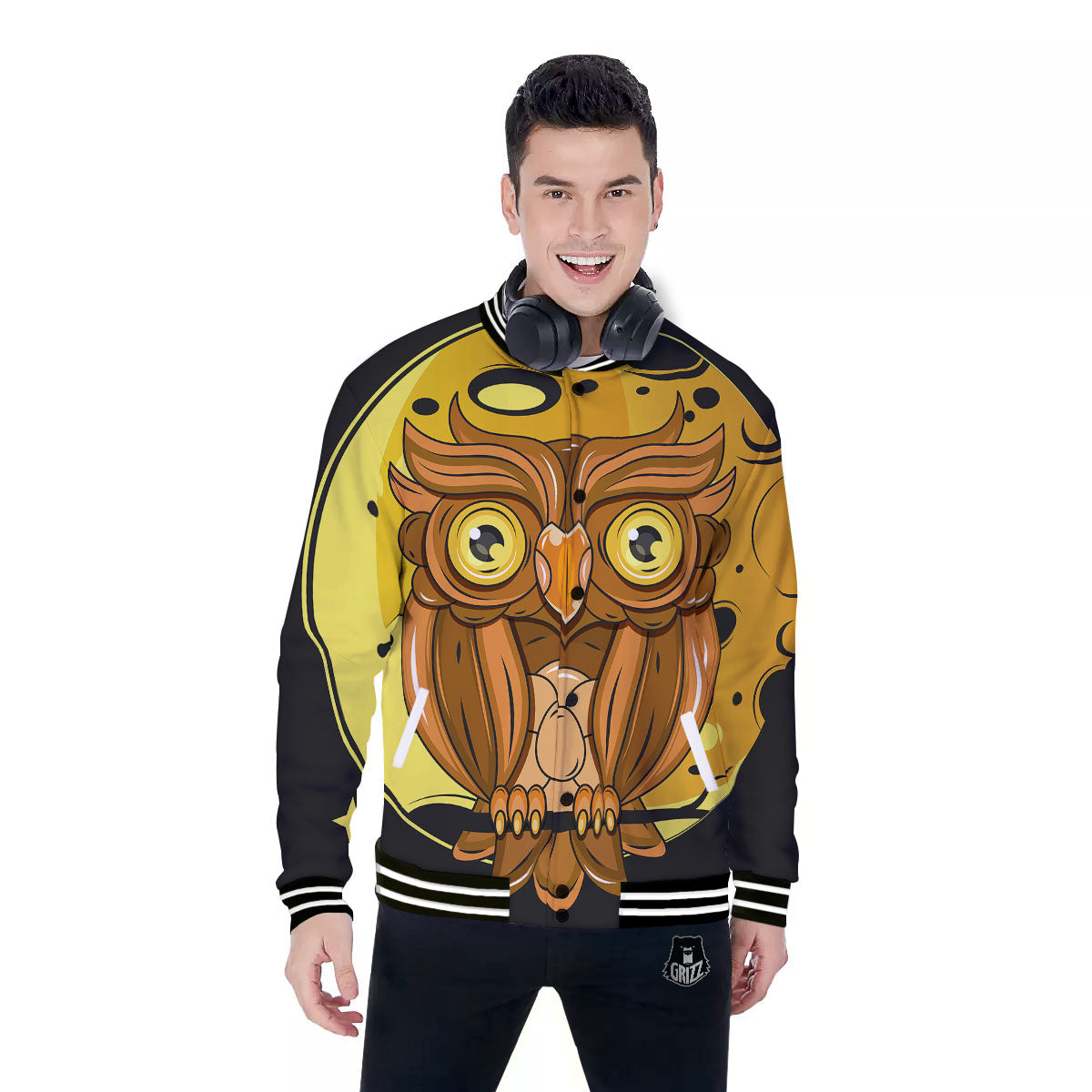 Owl At Night Print Baseball Jacket-grizzshop