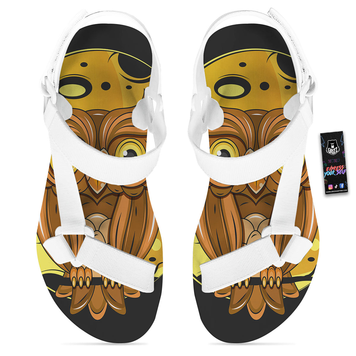 Owl At Night Print White Open Toe Sandals-grizzshop
