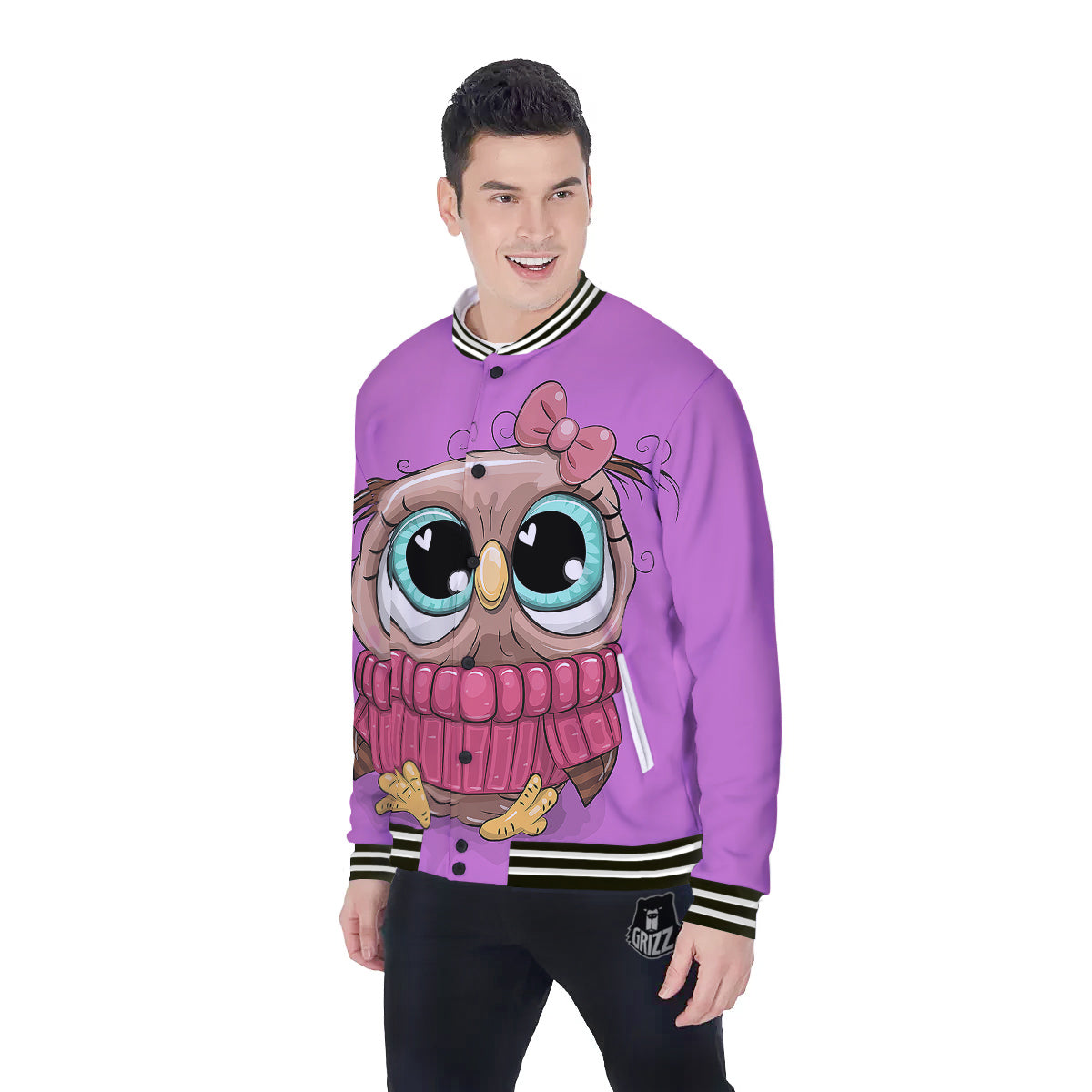 Owl Cute Print Baseball Jacket-grizzshop