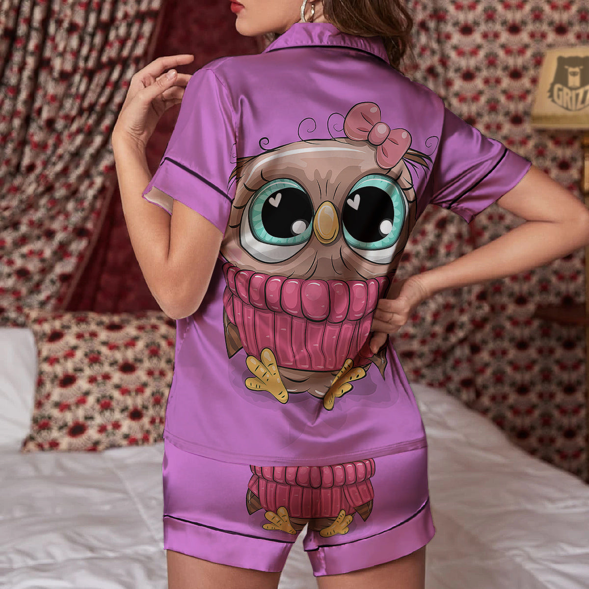 Owl Cute Print Women Silk Pajamas-grizzshop