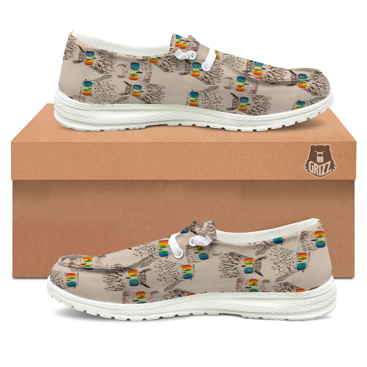 Owl Glasses Print Pattern White Loafers-grizzshop