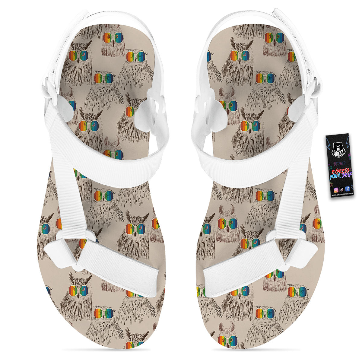 Owl Glasses Print Pattern White Open Toe Sandals-grizzshop