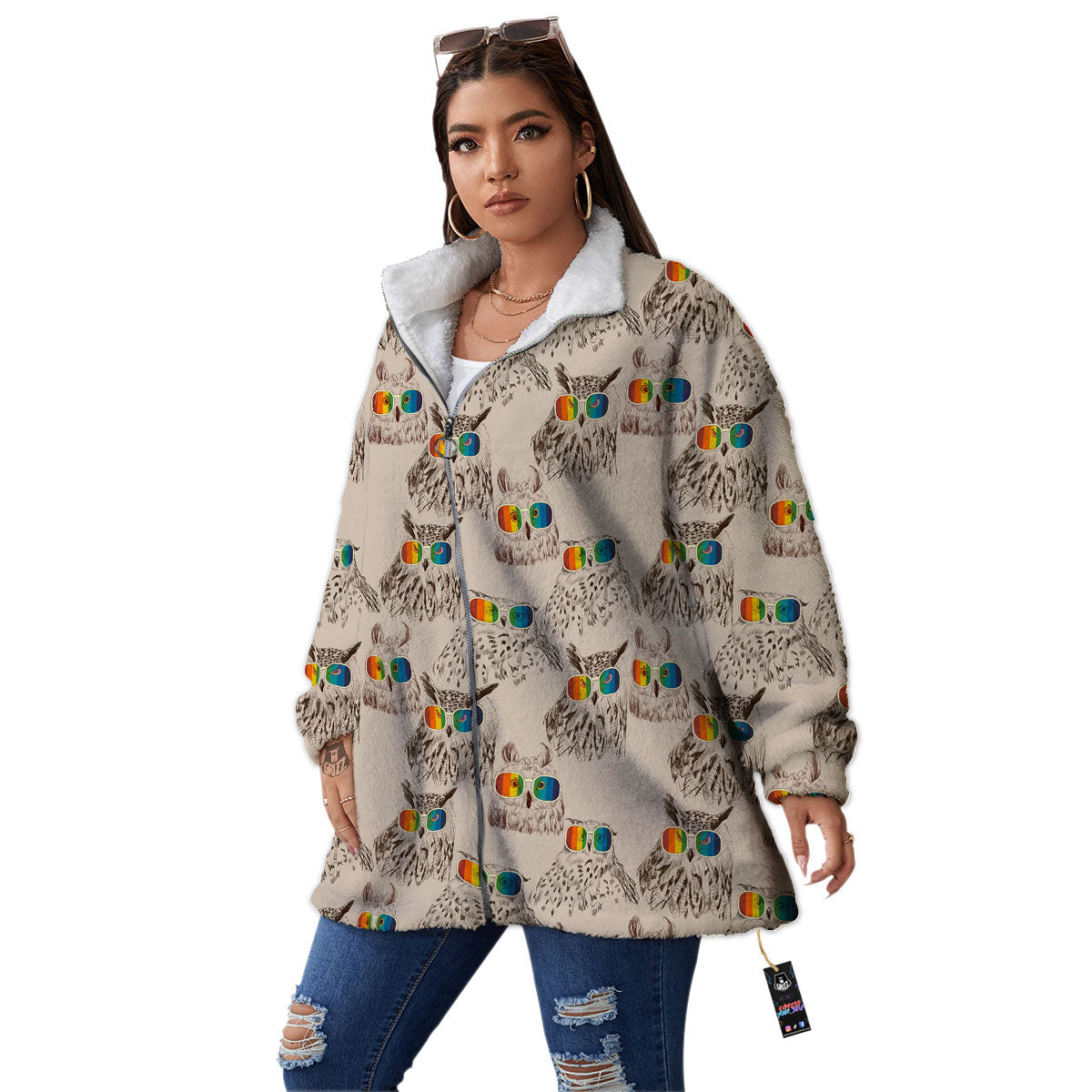 Owl Glasses Print Pattern Women's Sherpa Jacket-grizzshop