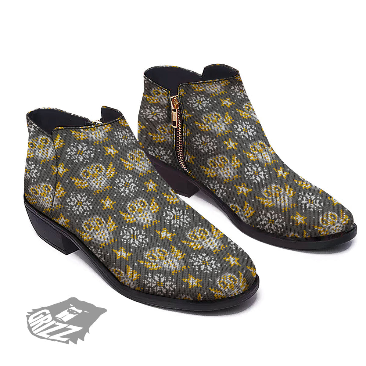 Owl Knitted Print Pattern Ankle Boots-grizzshop