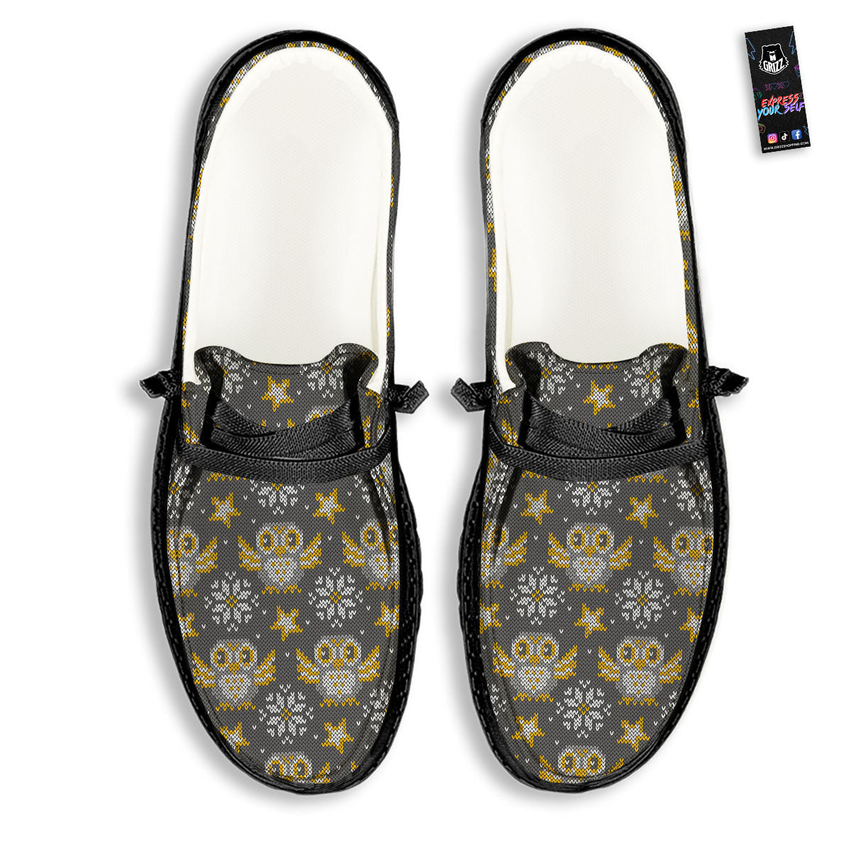 Owl Knitted Print Pattern Black Loafers-grizzshop