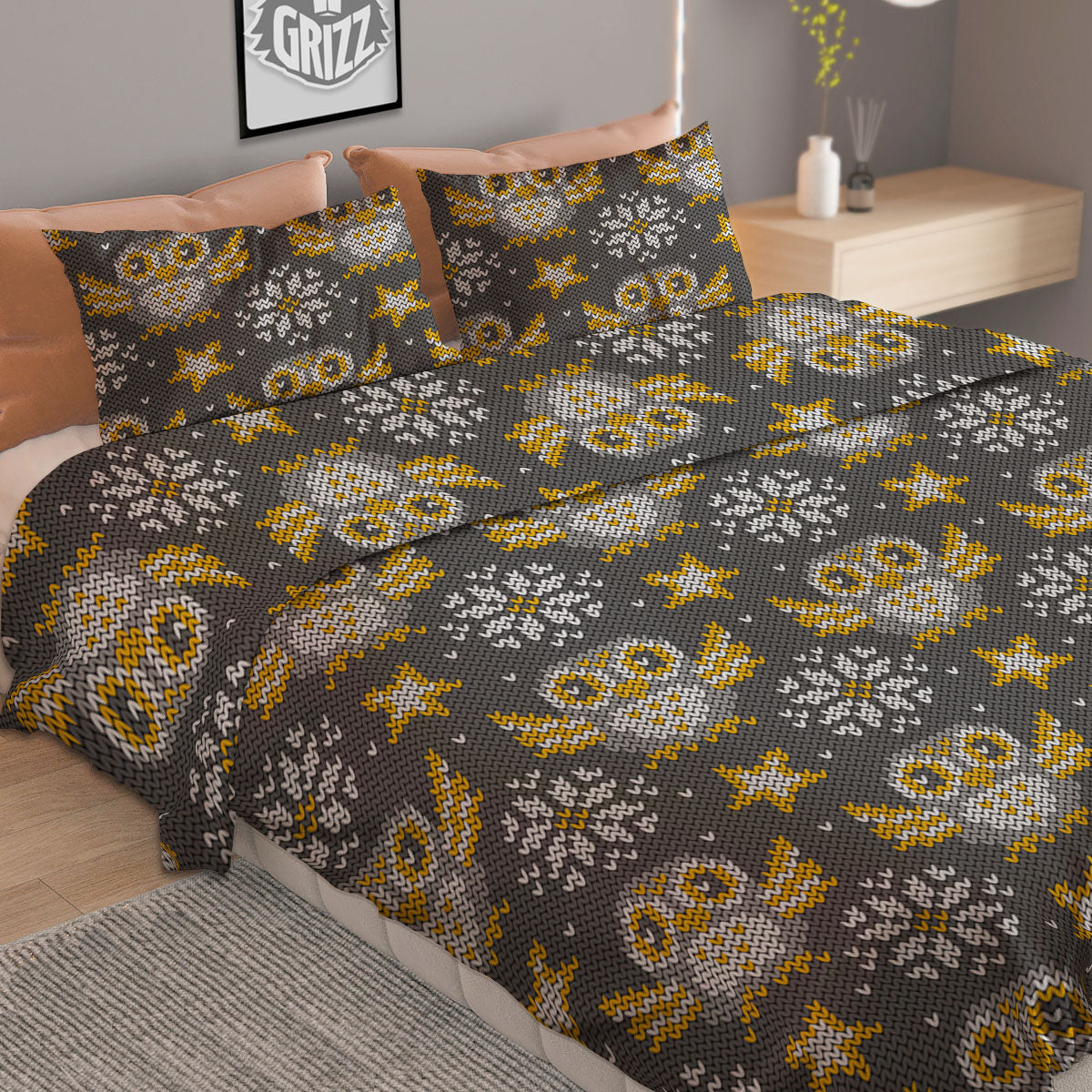 Owl Knitted Print Pattern Duvet Cover Bedding Set