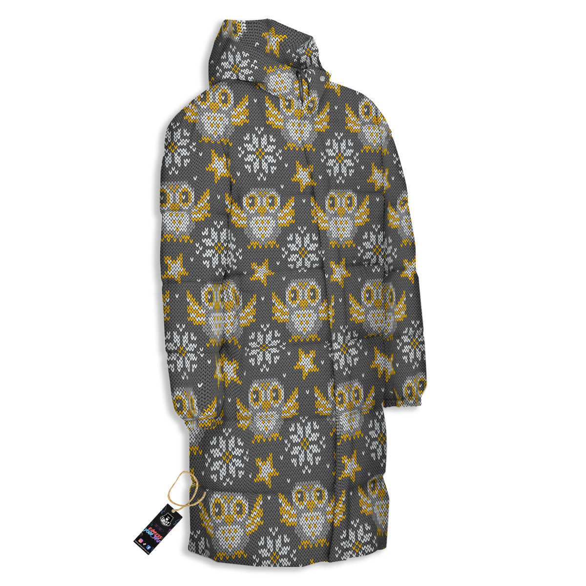 Owl Knitted Print Pattern Long Down Jacket-grizzshop