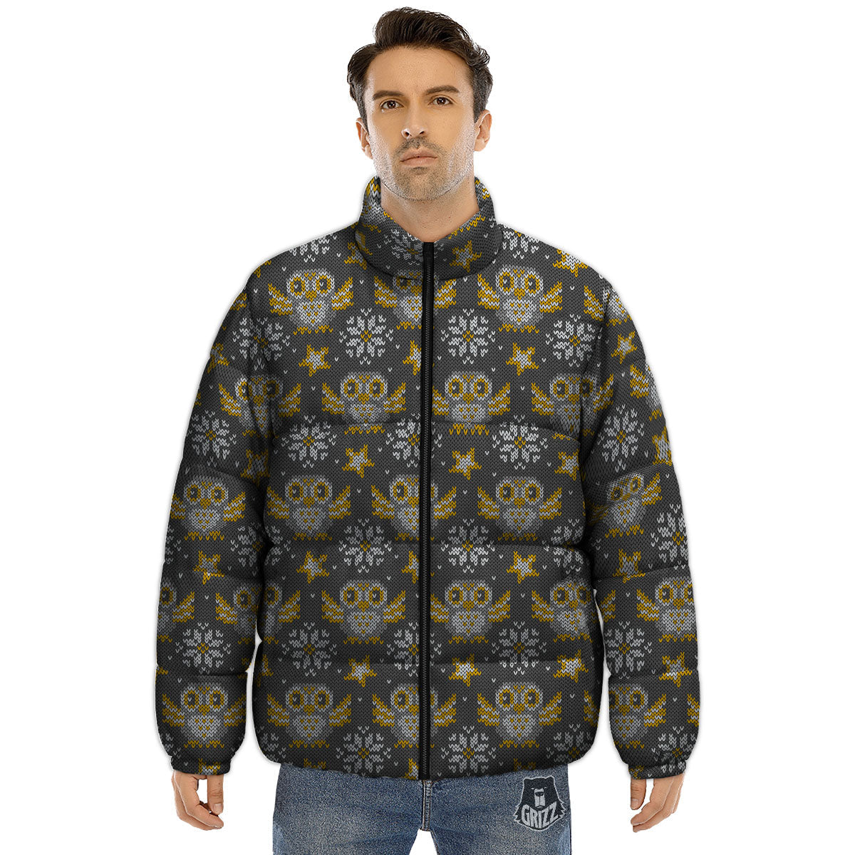Owl Knitted Print Pattern Puffer Jacket-grizzshop