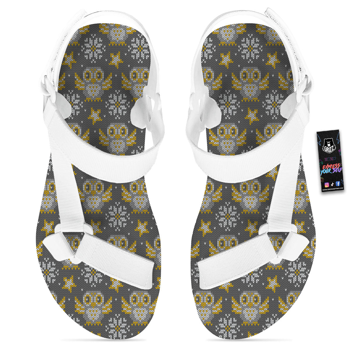 Owl Knitted Print Pattern White Open Toe Sandals-grizzshop