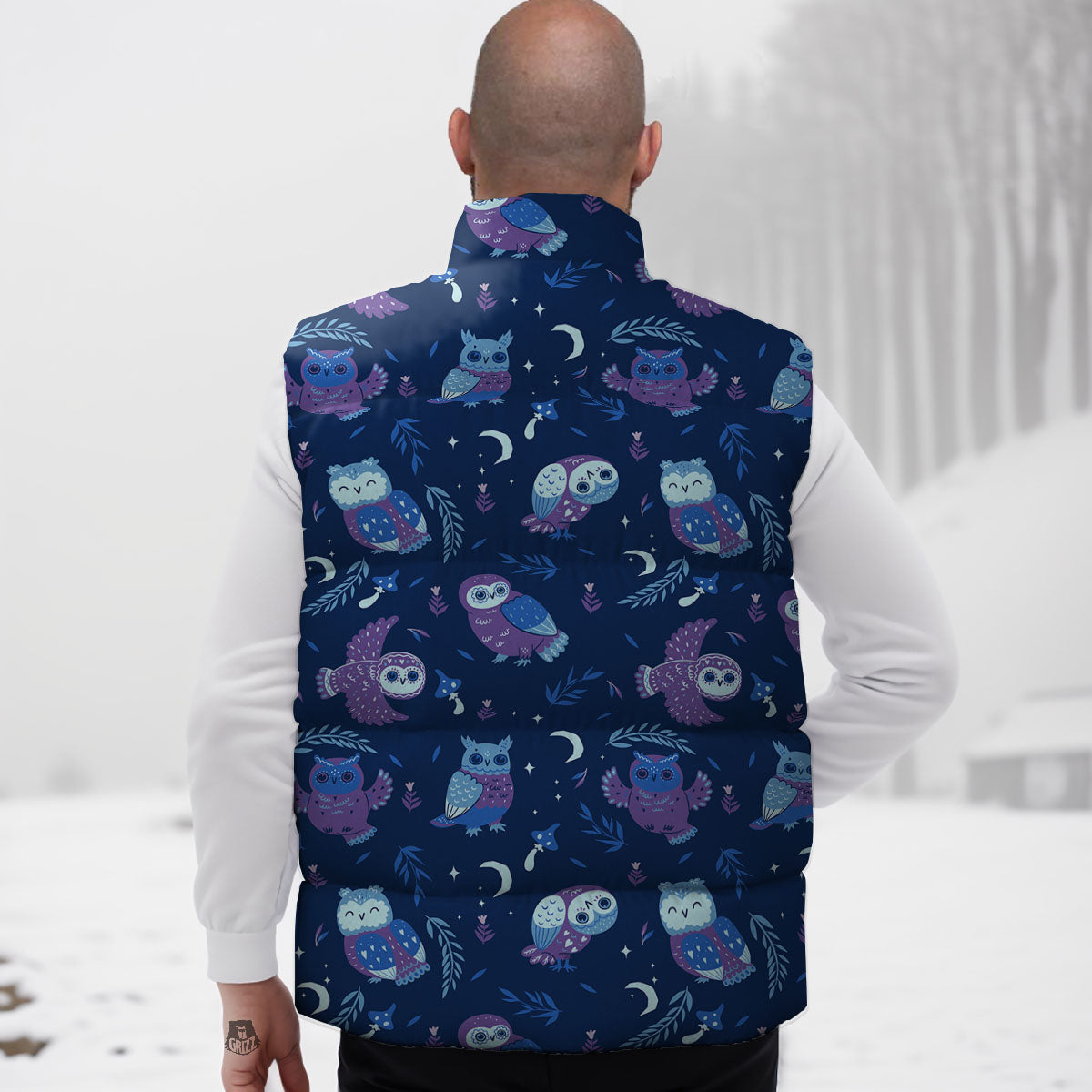 Owl Night Print Pattern Down Vest-grizzshop