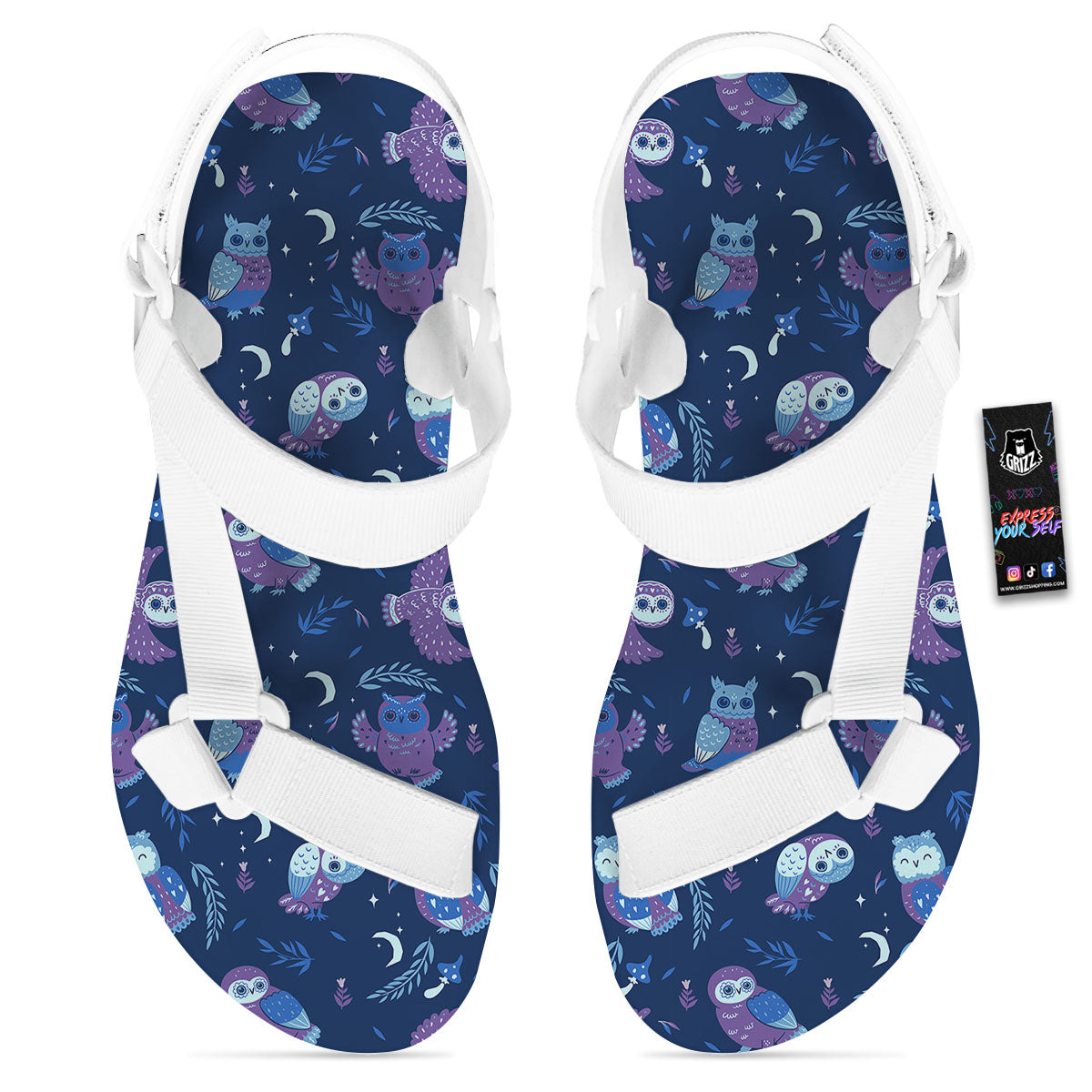 Owl Night Print Pattern White Open Toe Sandals-grizzshop