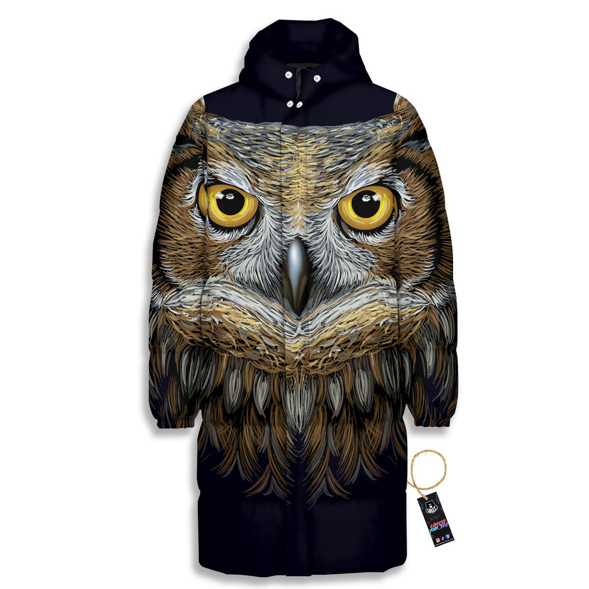 Owl Portrait Print Long Down Jacket-grizzshop