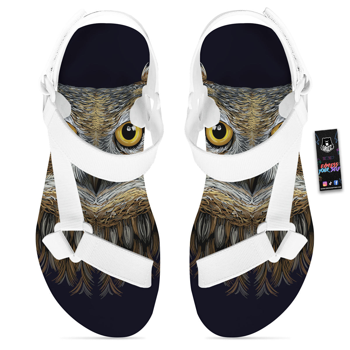 Owl Portrait Print White Open Toe Sandals-grizzshop