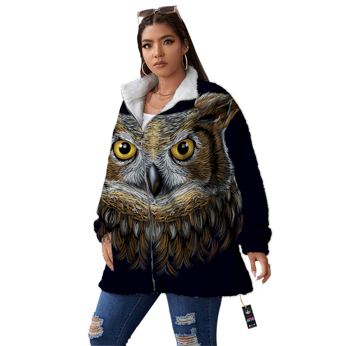 Owl Portrait Print Women's Sherpa Jacket-grizzshop