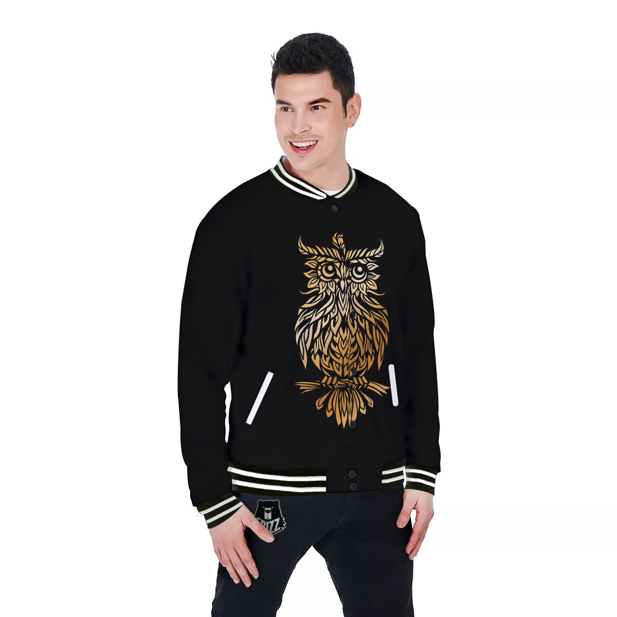 Owl Spiritual Golden Print Baseball Jacket-grizzshop