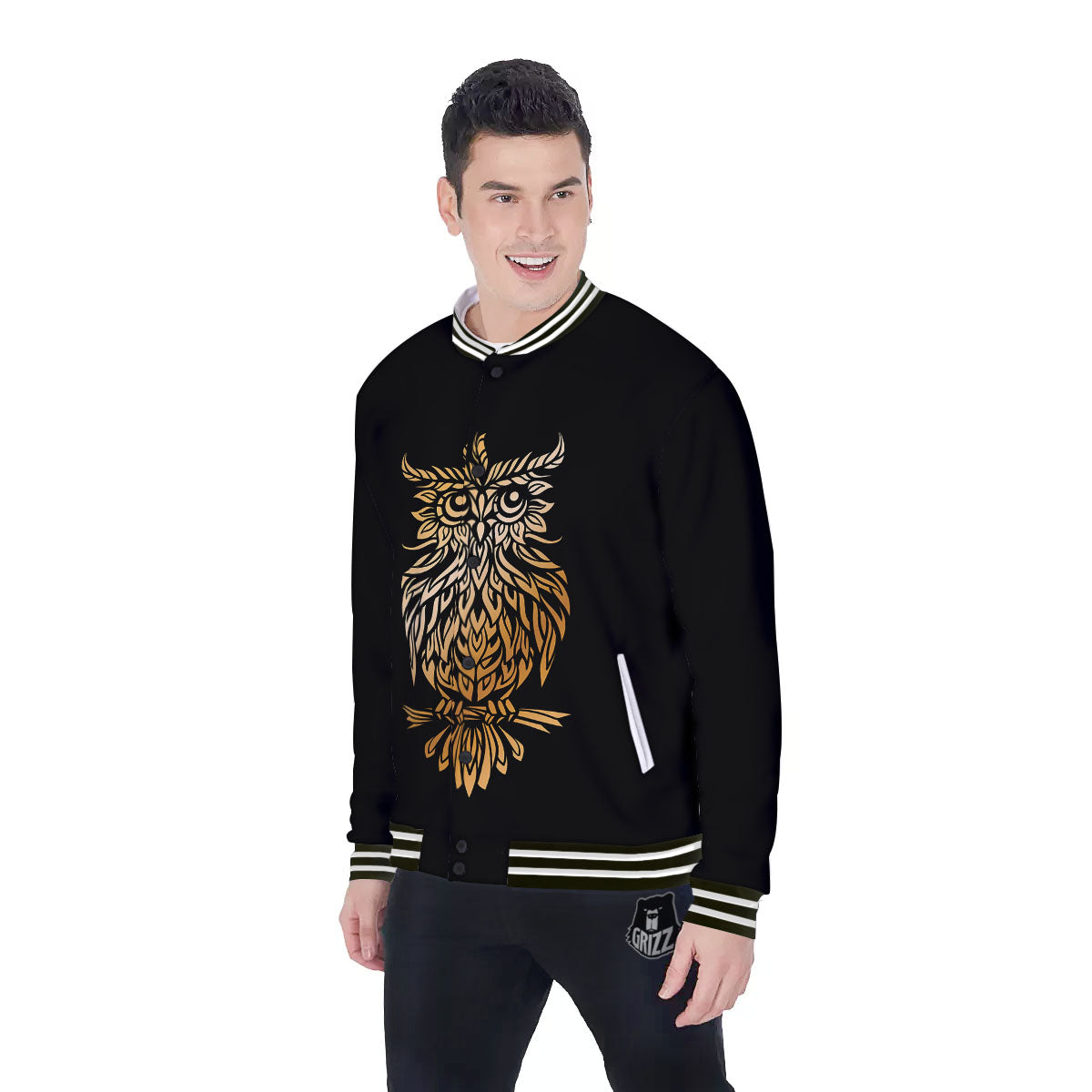 Owl Spiritual Golden Print Baseball Jacket-grizzshop