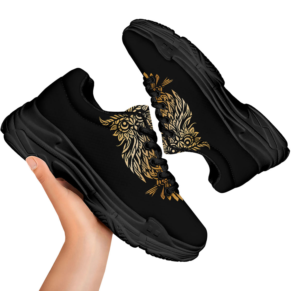 Owl Spiritual Golden Print Black Chunky Shoes-grizzshop
