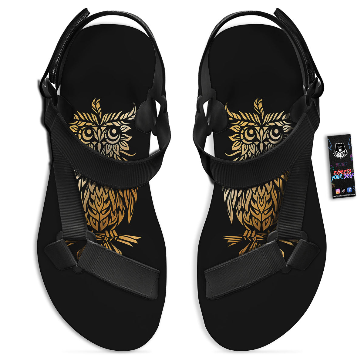 Owl Spiritual Golden Print Black Open Toe Sandals-grizzshop