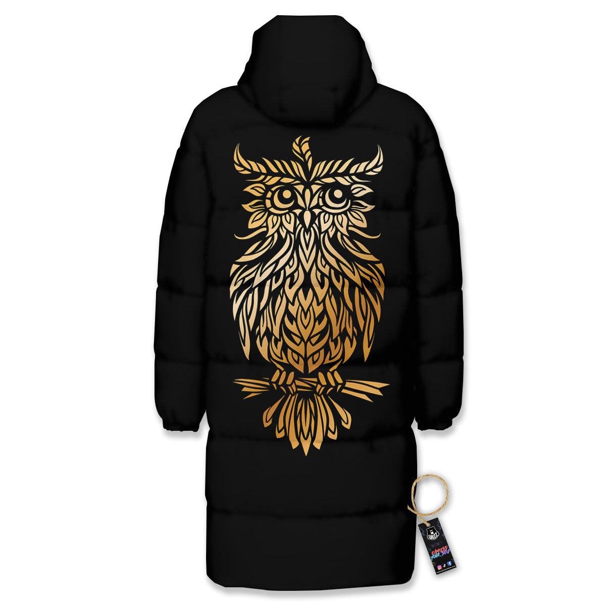 Owl Spiritual Golden Print Long Down Jacket-grizzshop
