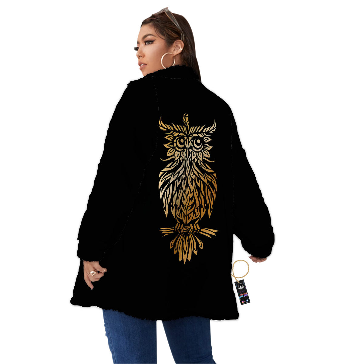 Owl Spiritual Golden Print Women's Sherpa Jacket-grizzshop