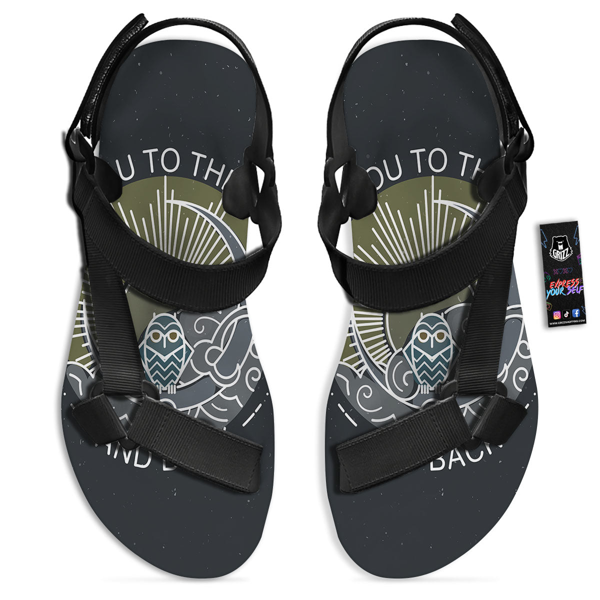 Owl Spiritual With Moon And Sun Print Black Open Toe Sandals-grizzshop
