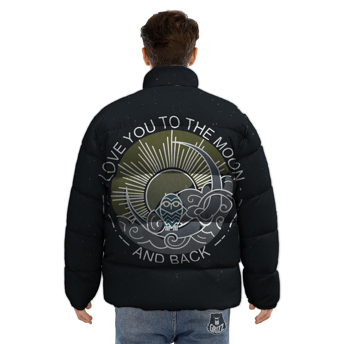 Owl Spiritual With Moon And Sun Print Puffer Jacket-grizzshop