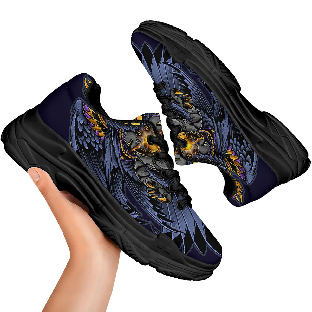 Owl Steampunk Print Black Chunky Shoes-grizzshop