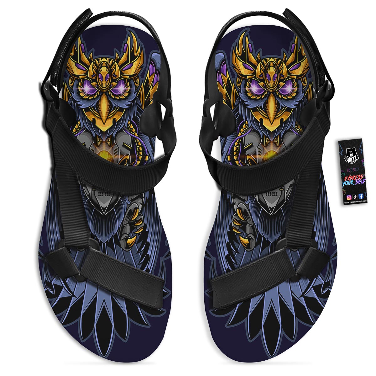 Owl Steampunk Print Black Open Toe Sandals-grizzshop