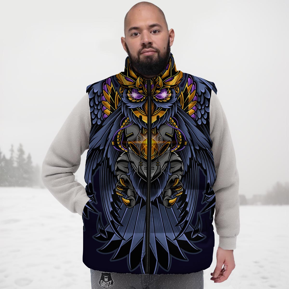 Owl Steampunk Print Down Vest