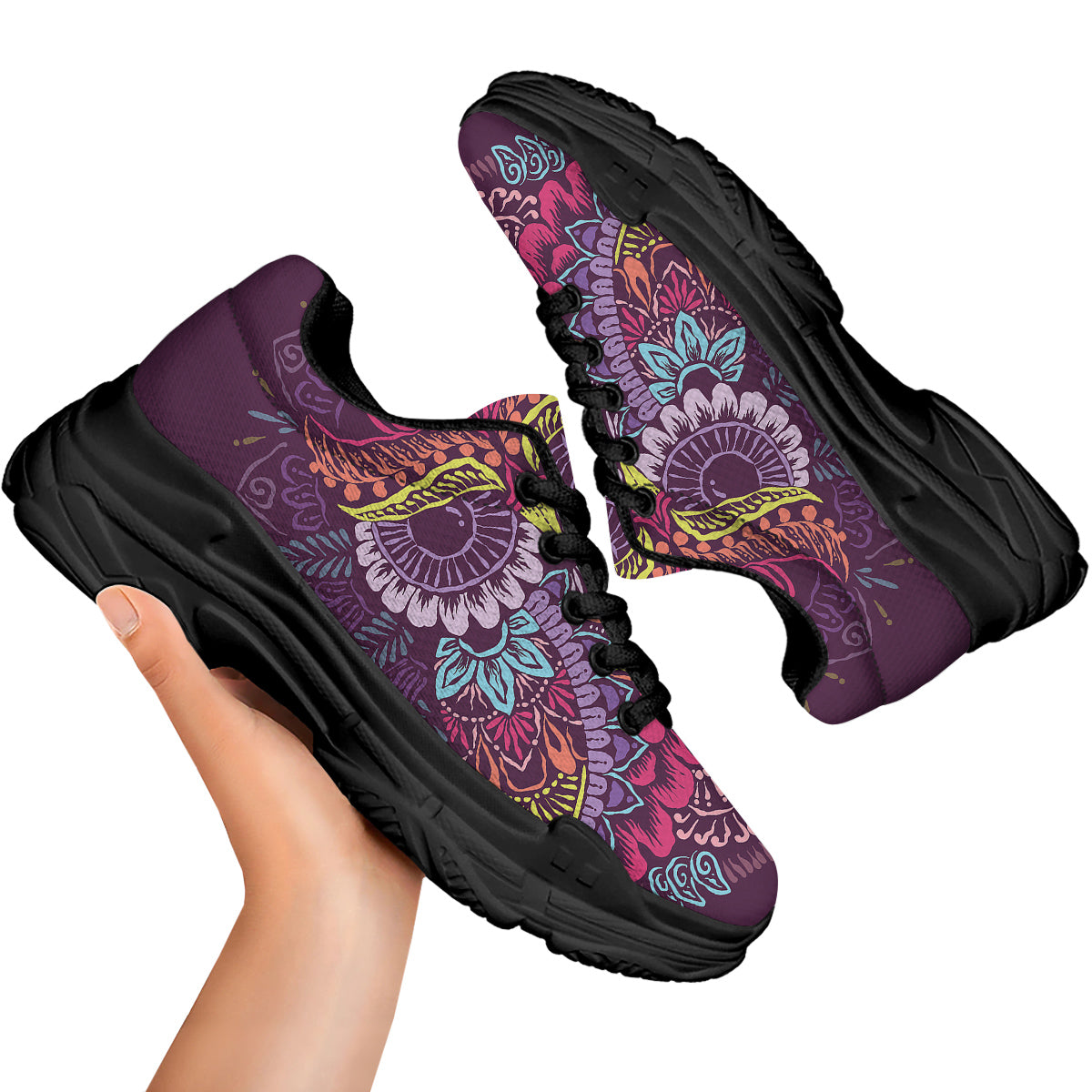 Owl Tribal Colorful Print Black Chunky Shoes-grizzshop