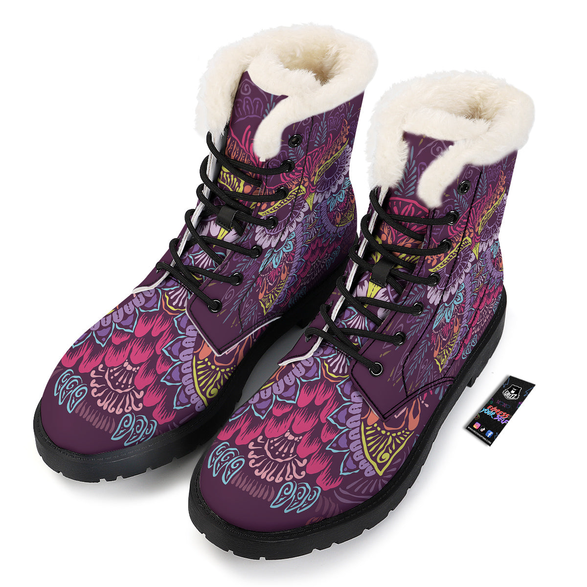 Owl Tribal Colorful Print Winter Boots-grizzshop