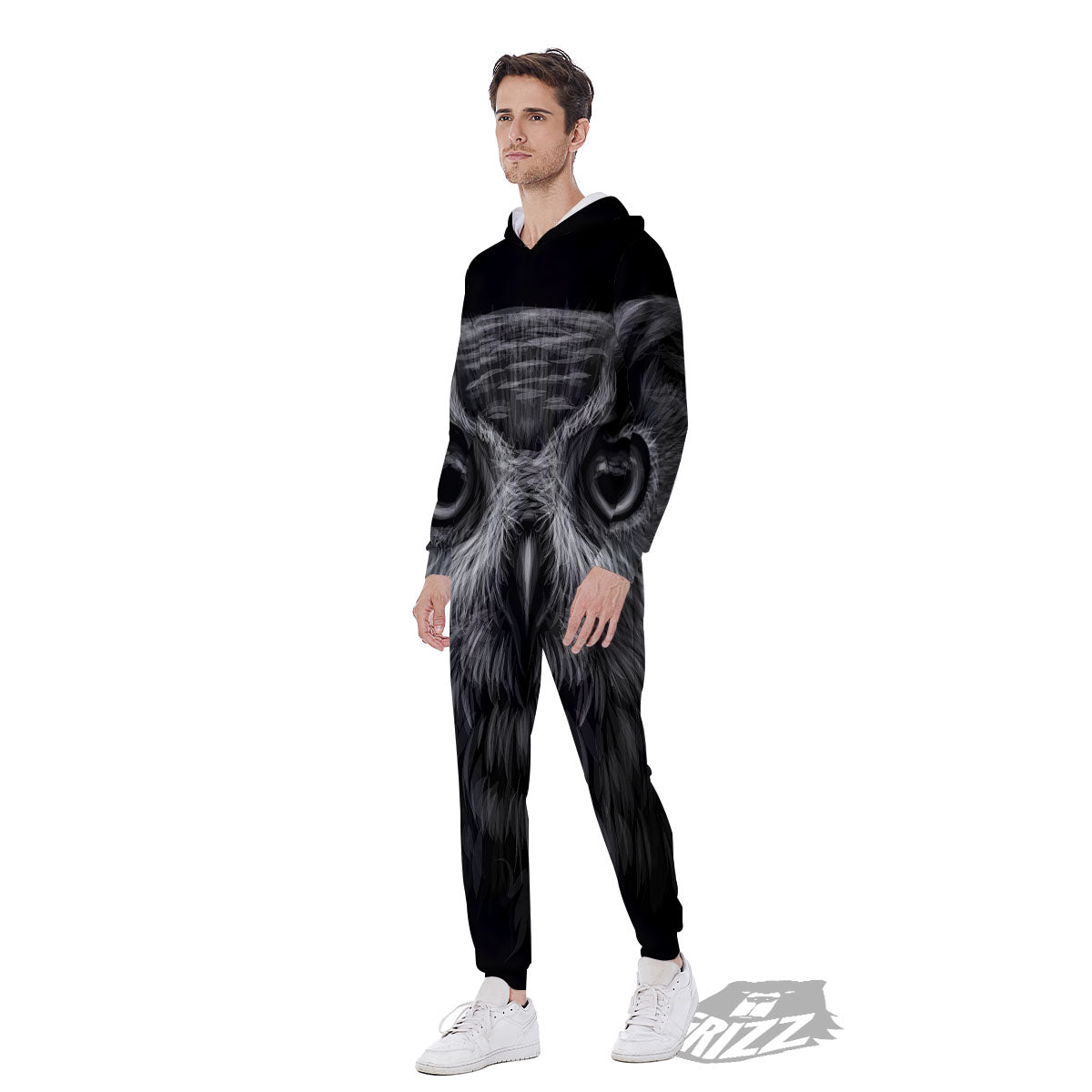 Owl White And Black Print Men's Jumpsuit-grizzshop