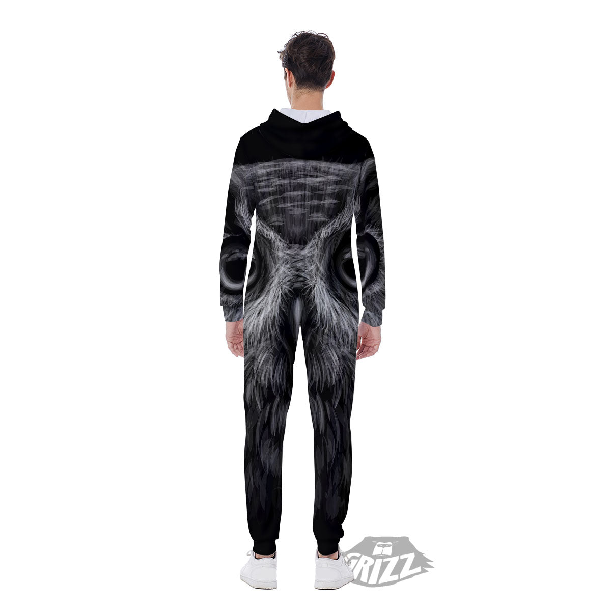 Owl White And Black Print Men's Jumpsuit-grizzshop