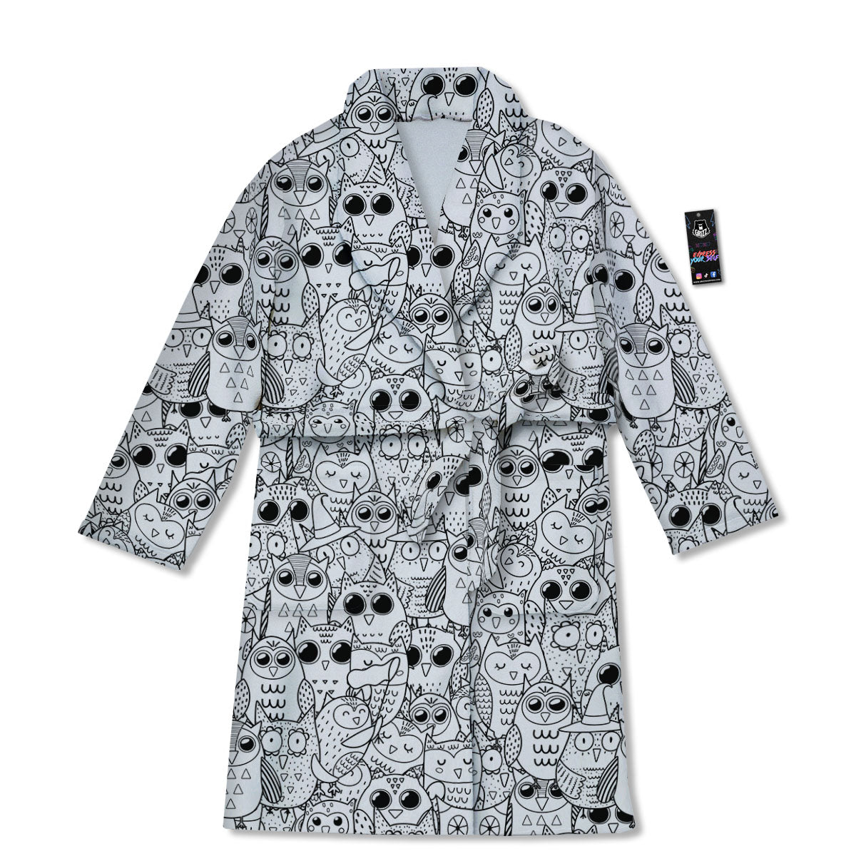 Owl White And Black Print Pattern Bathrobe-grizzshop