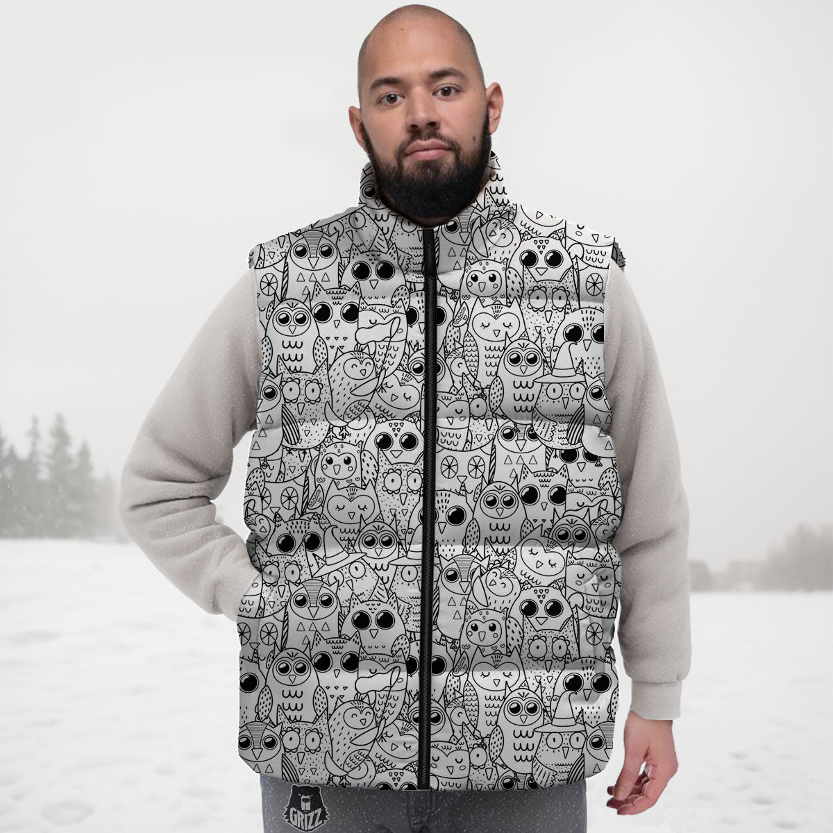Owl White And Black Print Pattern Down Vest