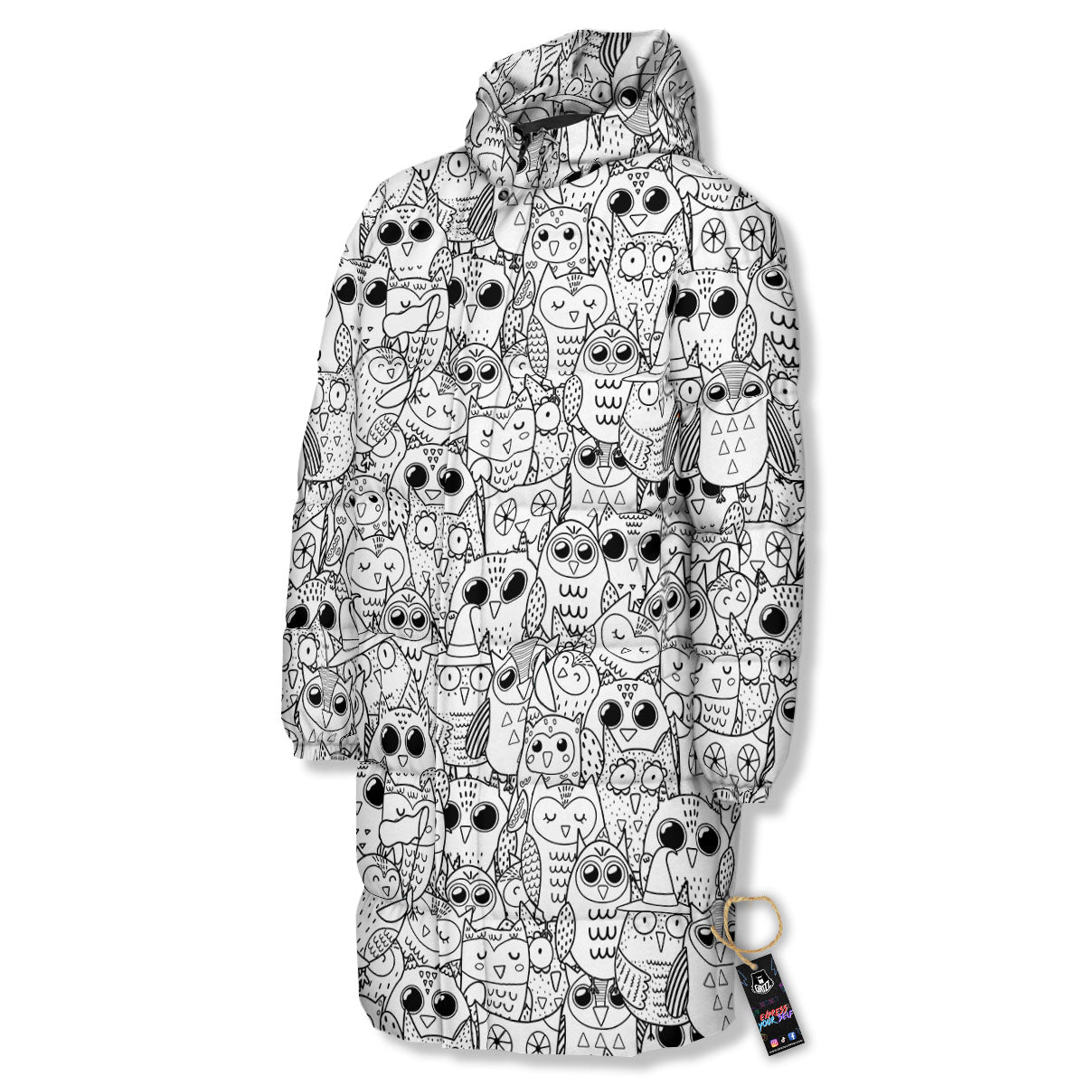 Owl White And Black Print Pattern Long Down Jacket-grizzshop