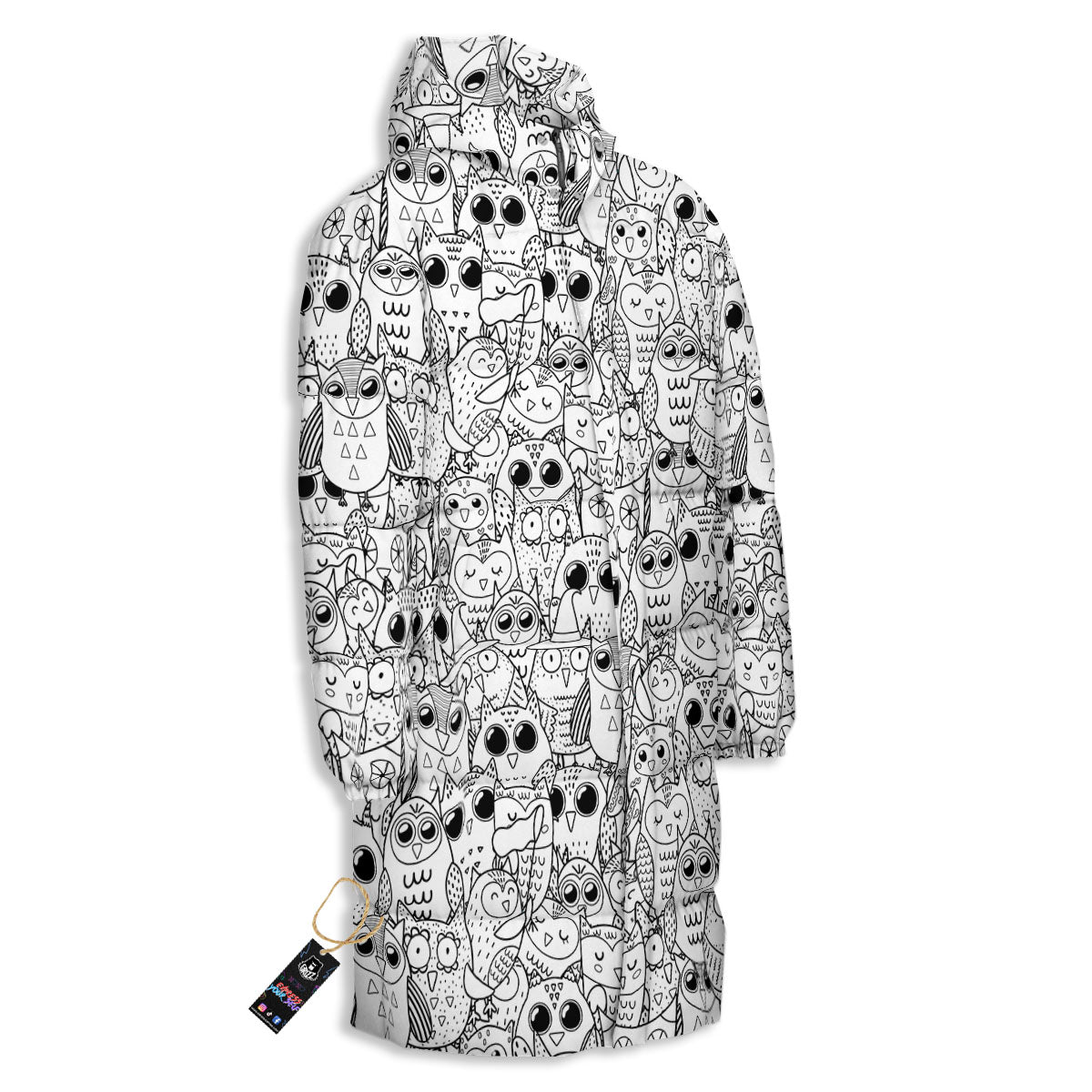 Owl White And Black Print Pattern Long Down Jacket-grizzshop