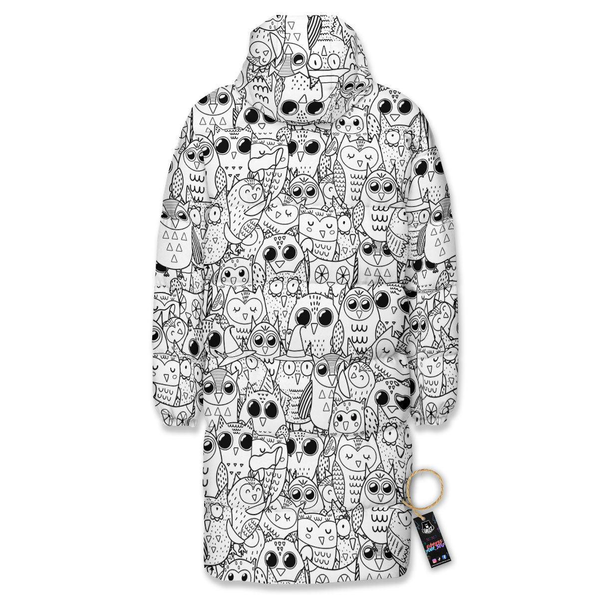 Owl White And Black Print Pattern Long Down Jacket-grizzshop