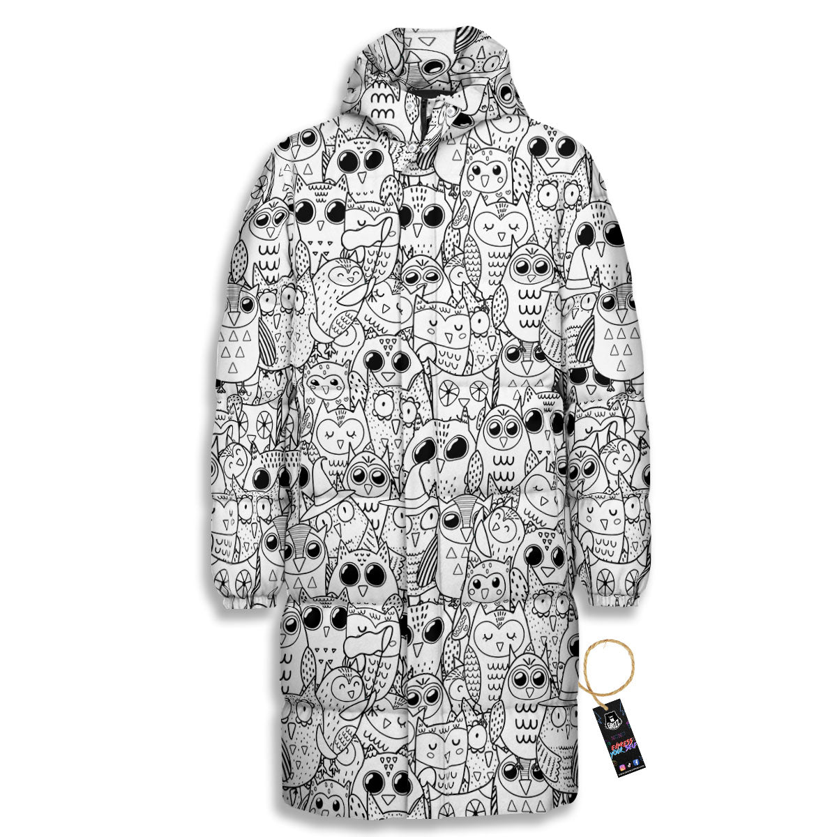 Owl White And Black Print Pattern Long Down Jacket-grizzshop