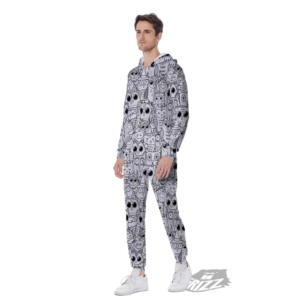 Owl White And Black Print Pattern Men's Jumpsuit-grizzshop