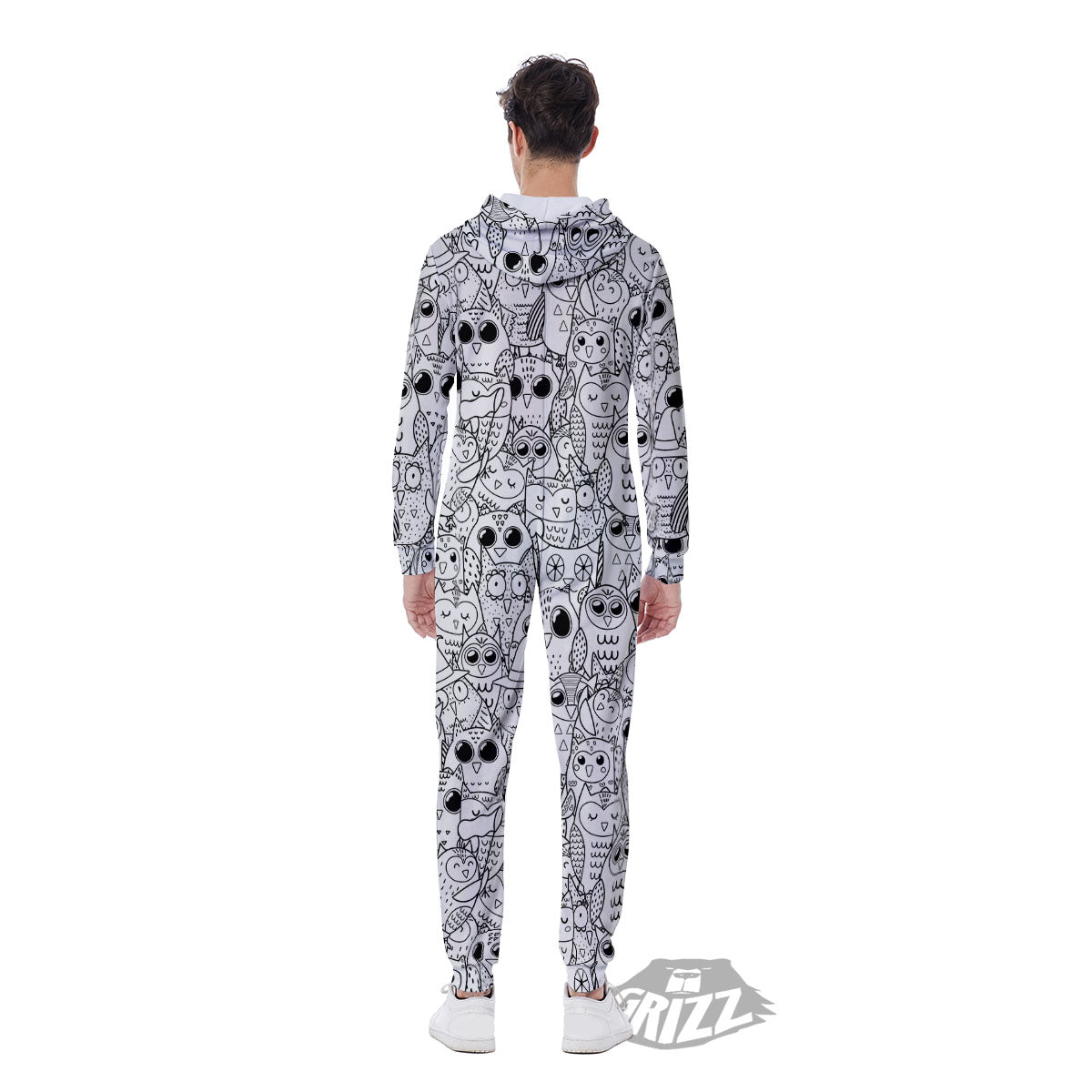 Owl White And Black Print Pattern Men's Jumpsuit-grizzshop