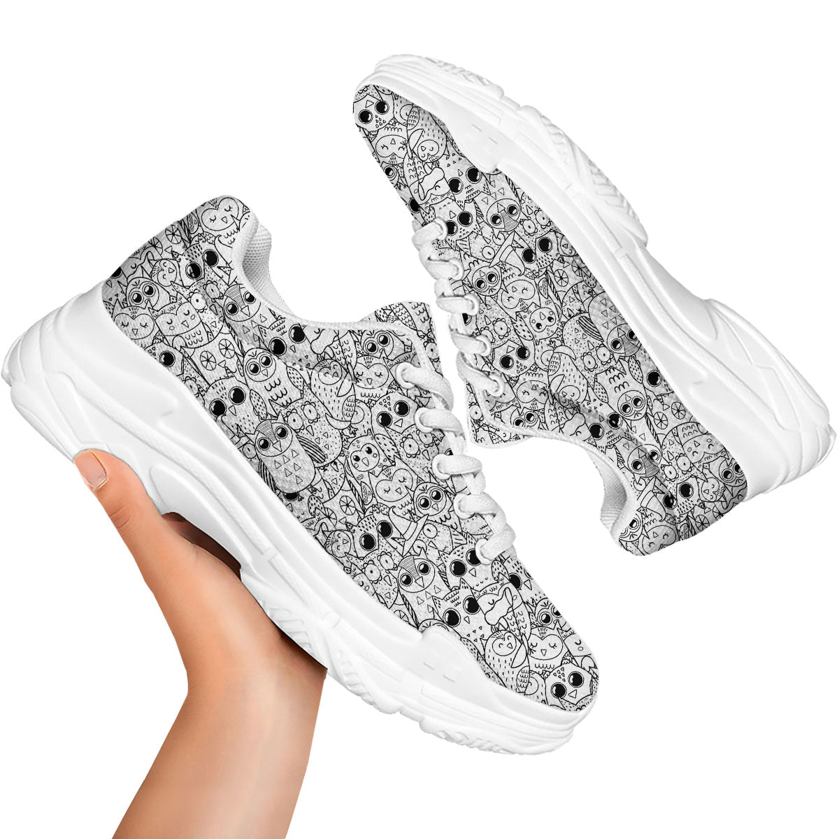 Owl White And Black Print Pattern White Chunky Shoes-grizzshop