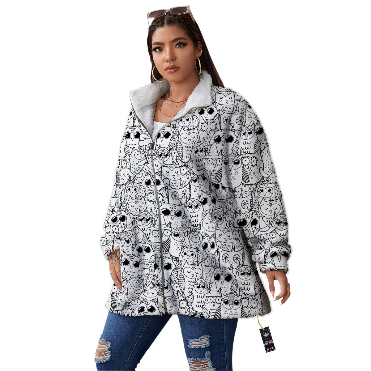 Owl White And Black Print Pattern Women's Sherpa Jacket-grizzshop