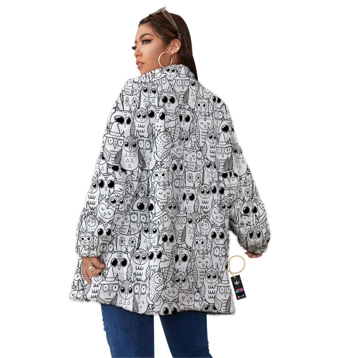 Owl White And Black Print Pattern Women's Sherpa Jacket-grizzshop