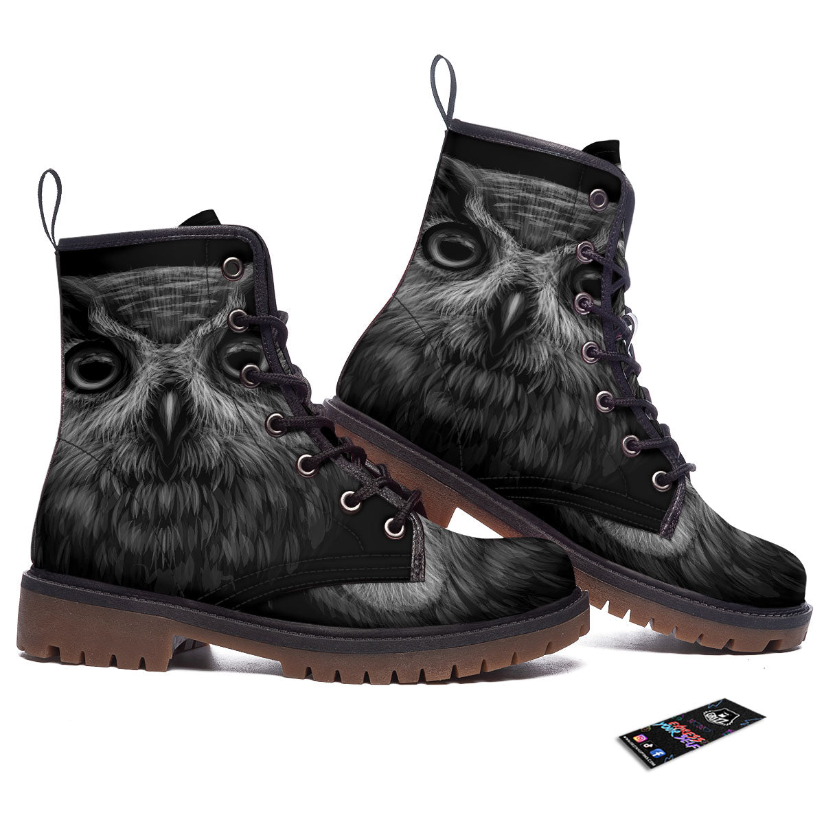 Owl White And Black Print Work Boots-grizzshop