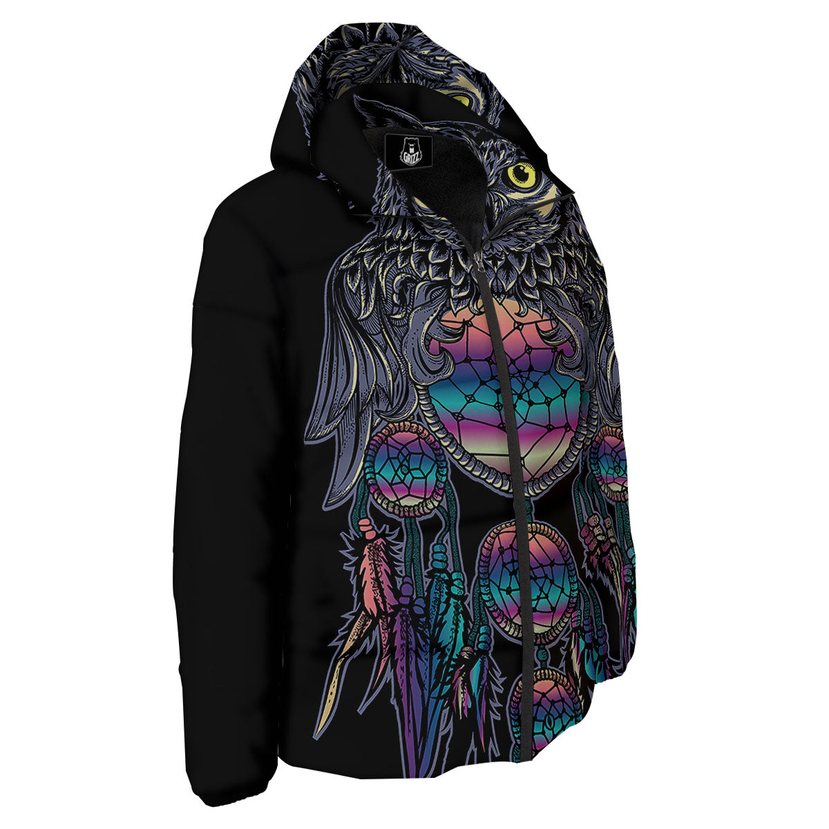 Owl With Dreamcatcher Print Down Jacket-grizzshop