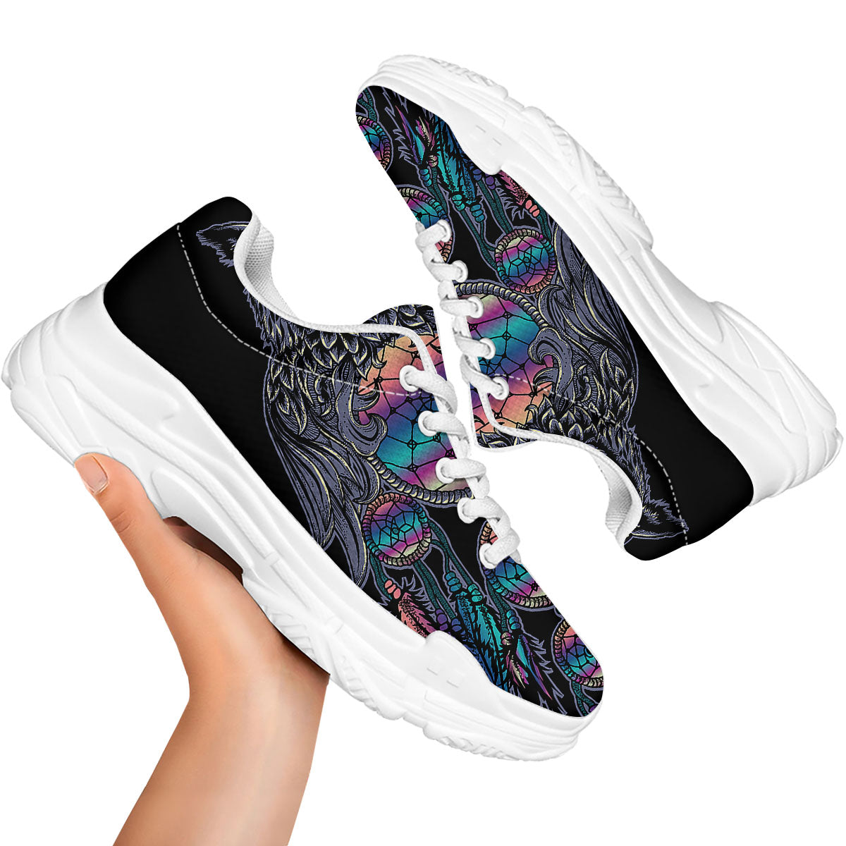 Owl With Dreamcatcher Print White Chunky Shoes-grizzshop